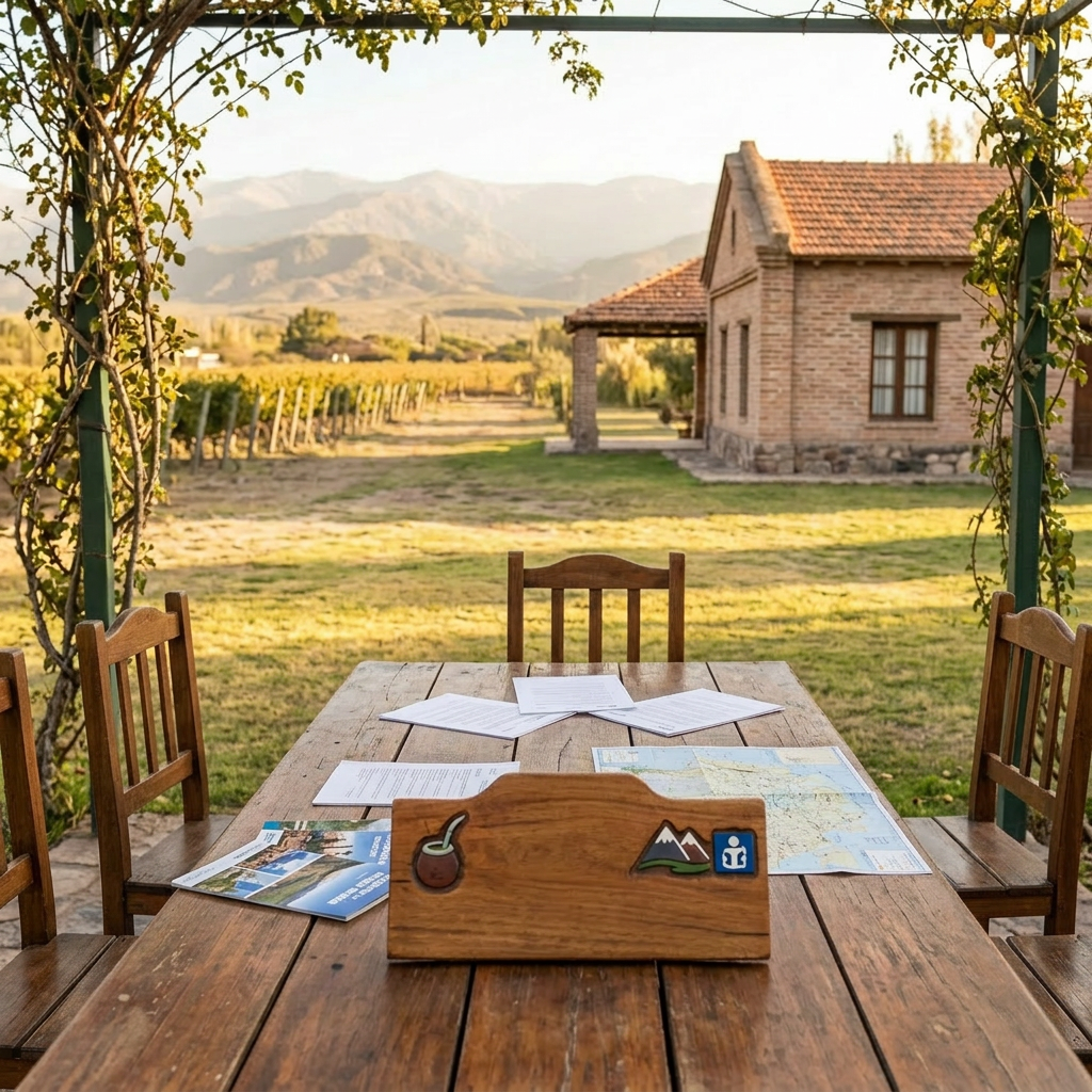 Five people sitting at a wooden table outdoors with tourism brochures and a sign reading 'Texto socios en turismo argentino'