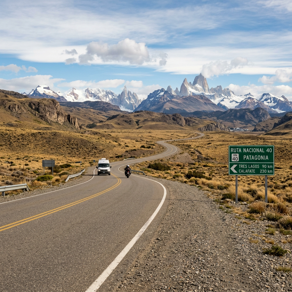 Winding highway Ruta Nacional 40 in Patagonia with mountains and a road sign for Tres Lagos and Calafate